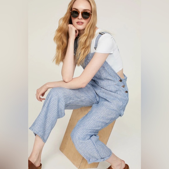 Faherty Linen Blue & White Railroad Stripe Overalls Sz Medium - Picture 3 of 5